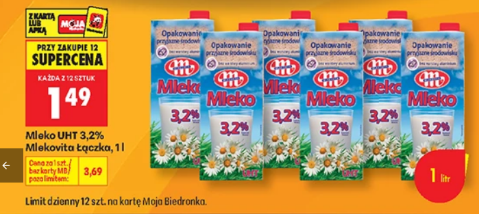 Mleko UHT 3.2% MLEKOVITA ŁĄCZKA, 1 L (przy zakupie 12 kart.)