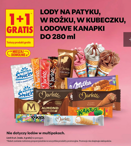 Lody na patyku, w rożku, w kubeczku, lodowe kanapki do 280 ML (1+1 GRATIS)