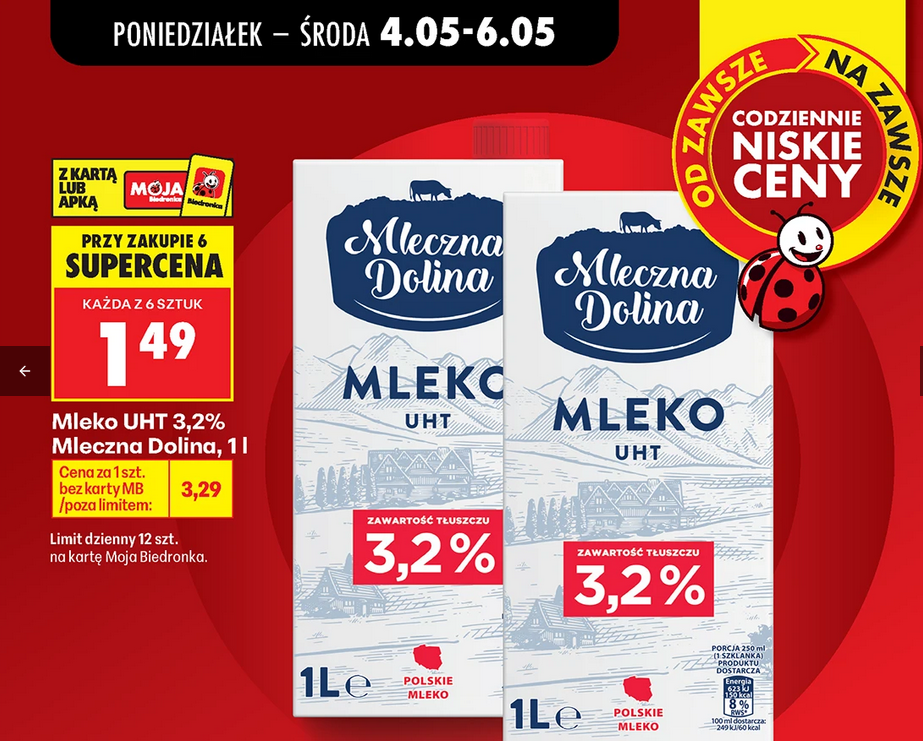 Mleko UHT 3.2% Mleczna Dolina, 1 L (przy zakupie 6 op.)