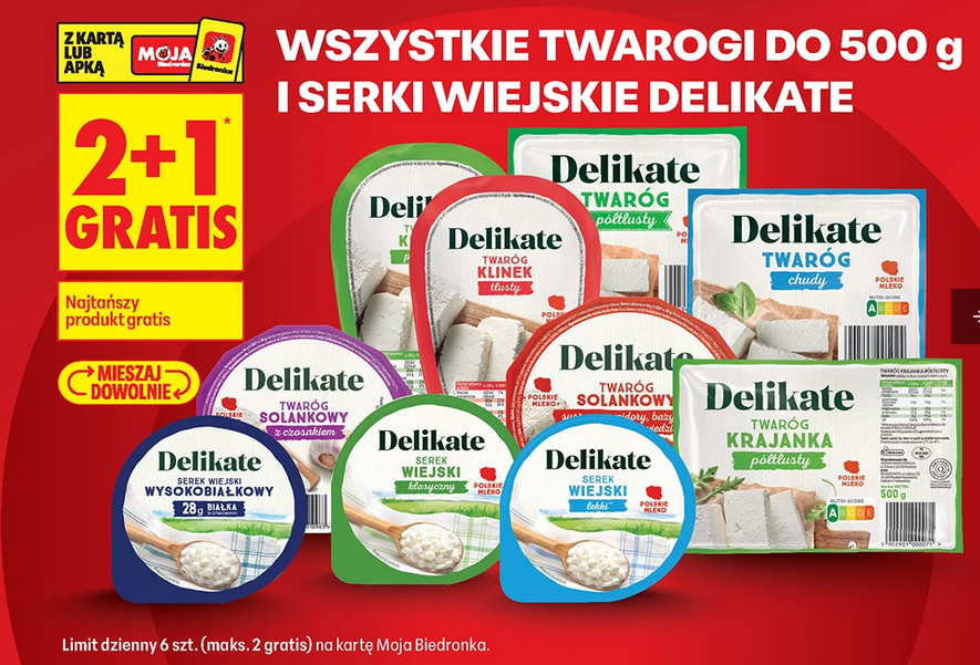 Wszystkie twarogi do 500g i wszystkie serki wiejskie DELiCATE (2+1 GRATiS)