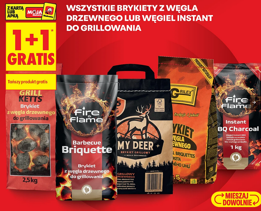 Wszystkie brykiety z w.drzwnego lub węgiel instat do grillowania (1+1 GRATIS)