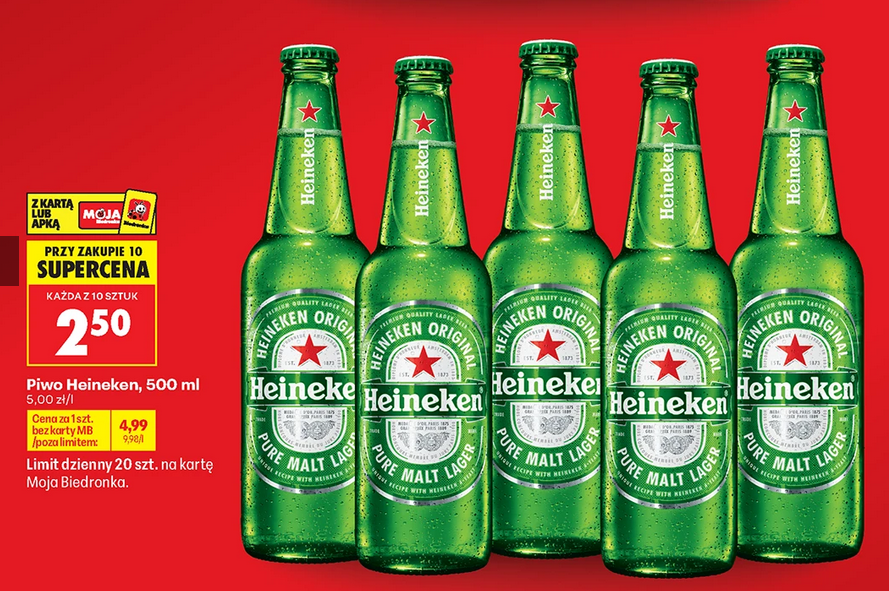 Piwo Heineken, 500 ML (przy zkupie 10 butelek)