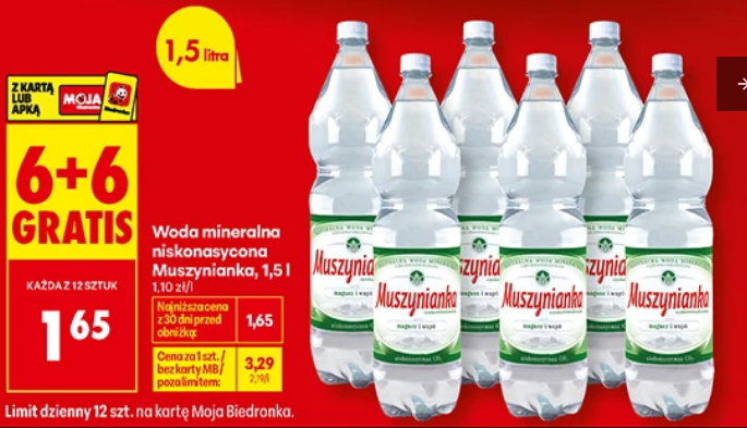 Woda mineralna niskonasycona Muszynianka, 1.5L (6+6 GRATIS)
