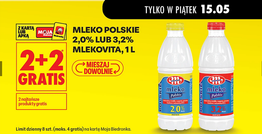 Mleko polskie 2% lub 3.2% MLEKOViTA, 1L (2+2 GRATiS)