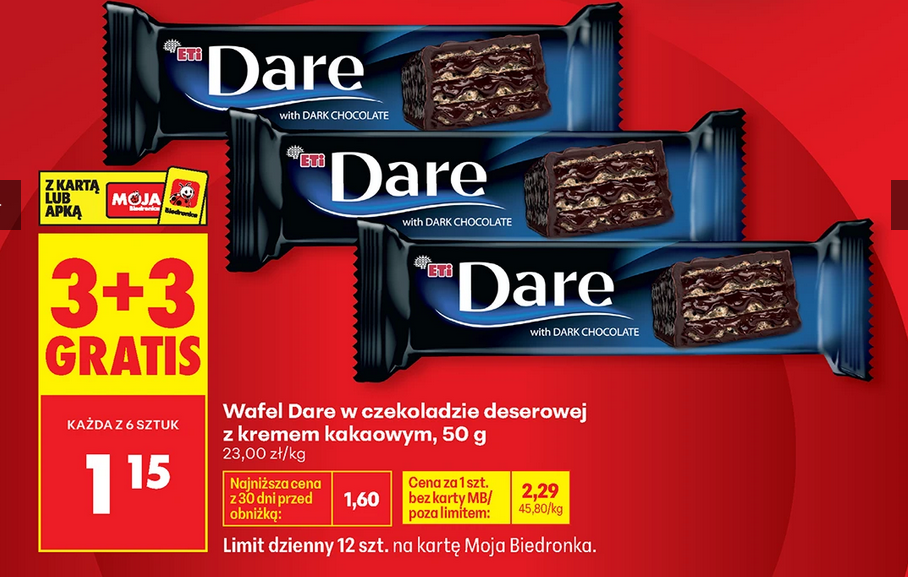 Wafel Dare w czekoladzie deserowej z kremem kakaowym, 50g (3+3 GRATIS)