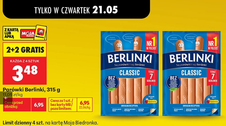 Parówki BERLINKI, 315g (2+ 2 GRATIS)