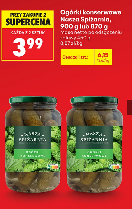 Ogórki konserwowe NASZ SZPIŻARNiA, 900g lub 870g (przy zakupie 2 sloików)