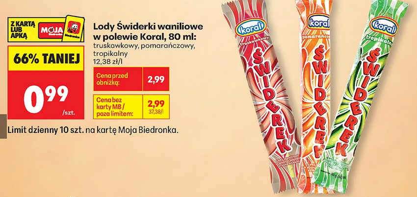 Lody waniliowe ŚWIDERKI w polewie KORAL, 80 ML
