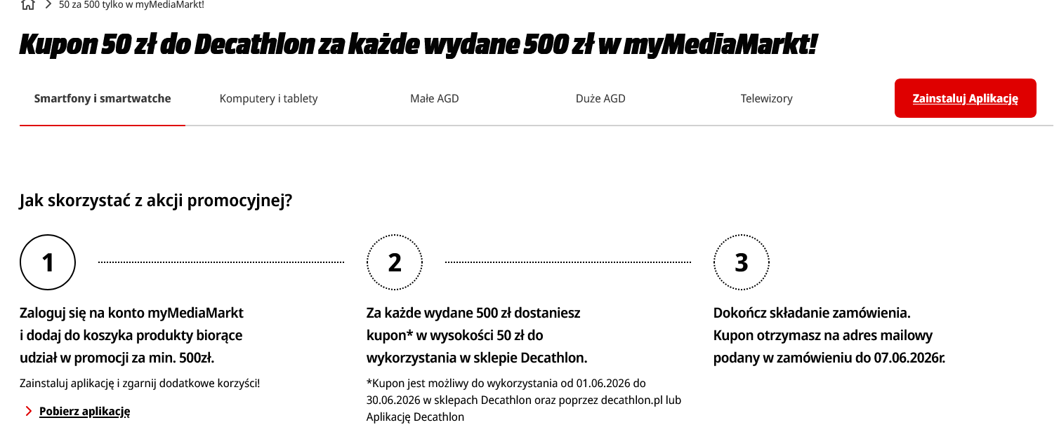 Kupon 50 zł do Decathlon za każde wydane 500 zł w myMediaMarkt