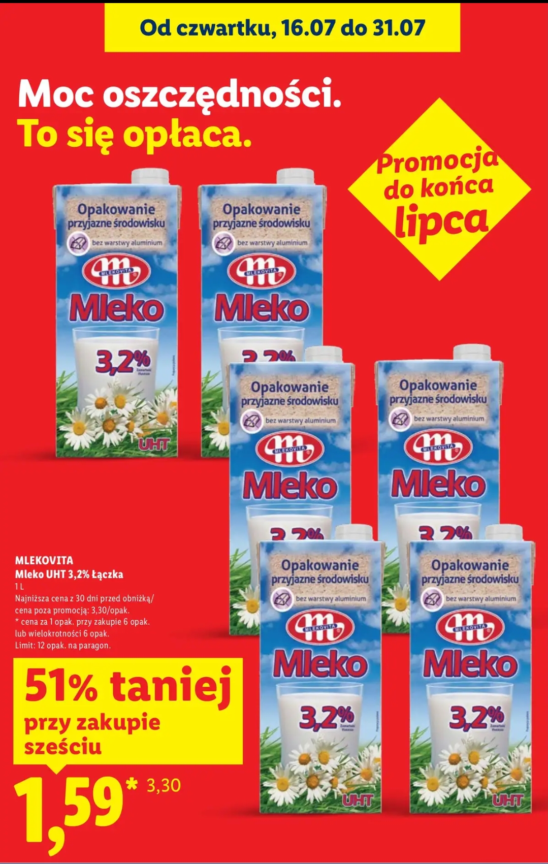 Mlekovita Mleko Uht 3.2% 1 L taniej przy zakupie 6 sztuk @Lidl