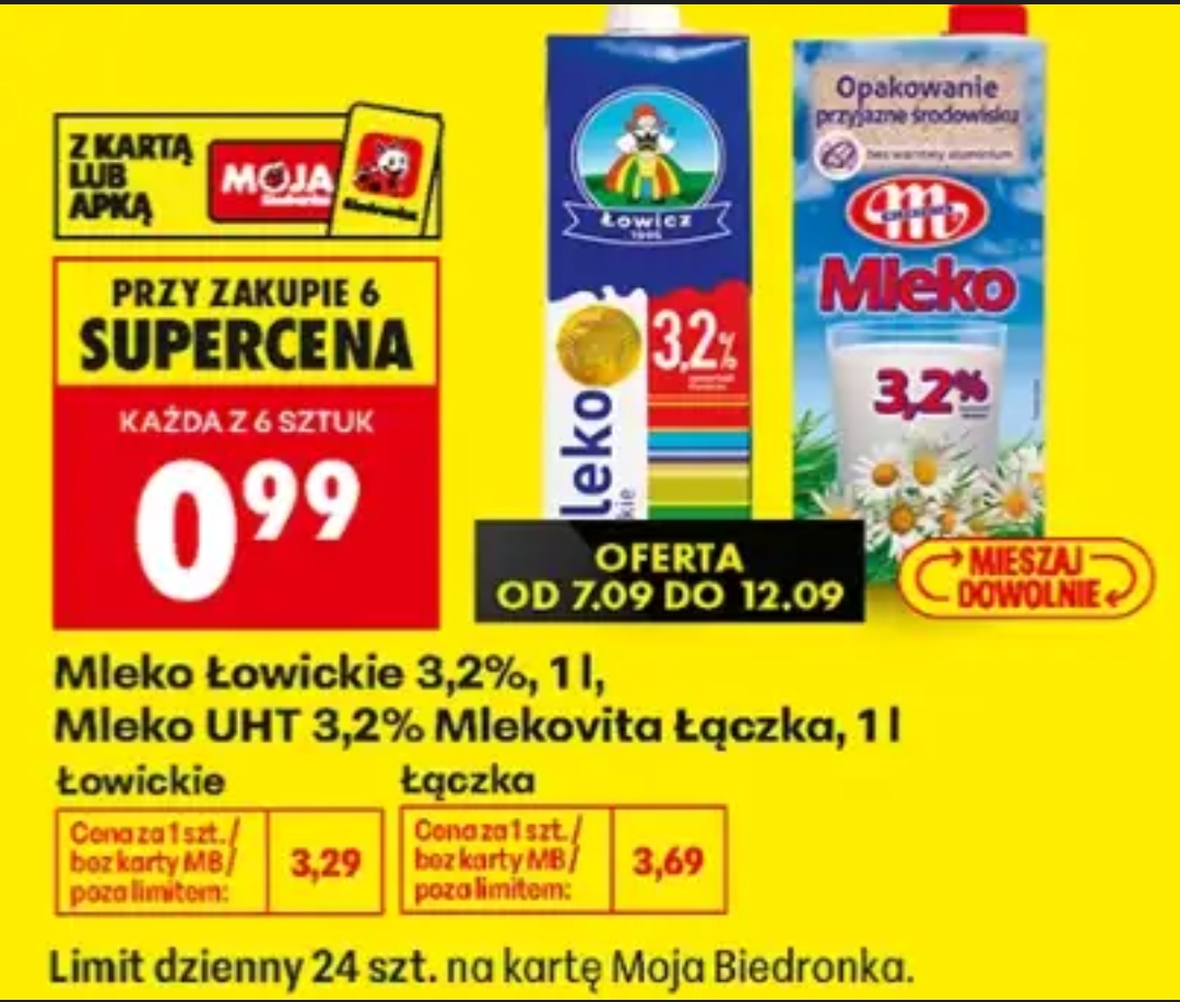 Mleko Łowickie 3,2% 1 L lub Mlekovita Łączka UHT 3,2% 1 L - cena za szt. przy zakupie 6 sztuk @Biedronka