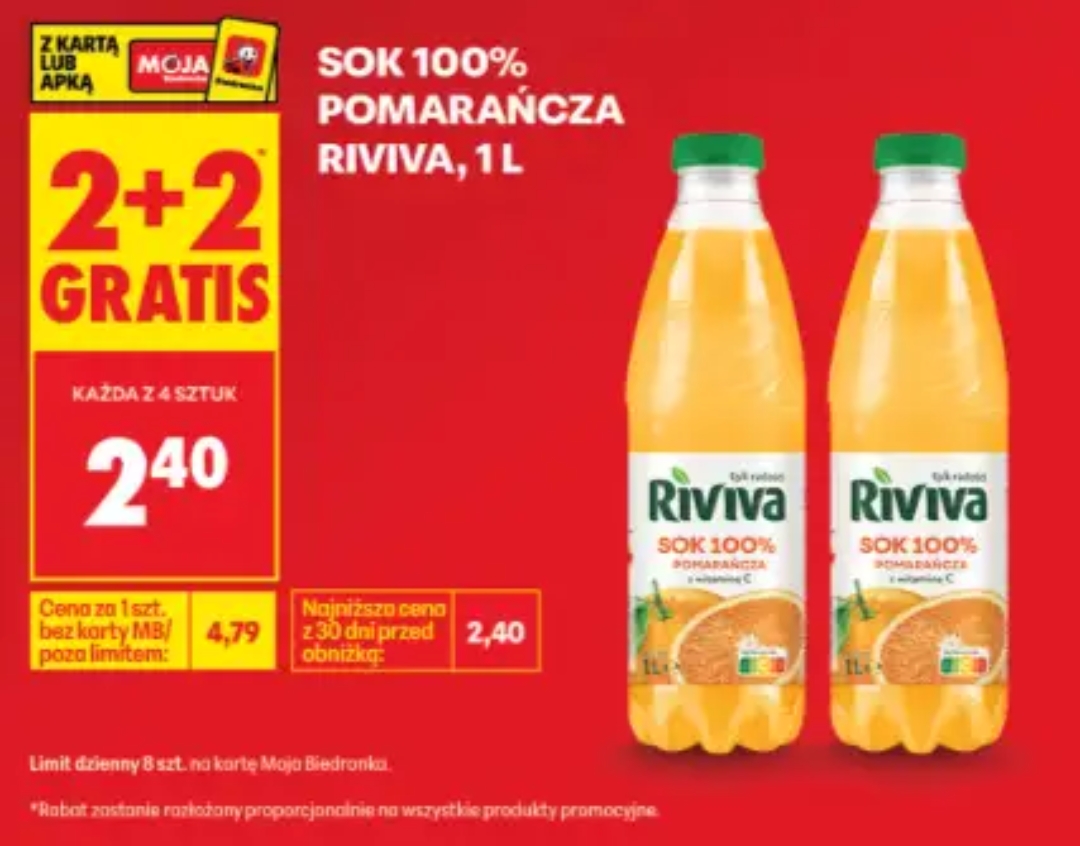 Sok 100% pomarańczowy Riviva 1L 2+2 gratis @Biedronka