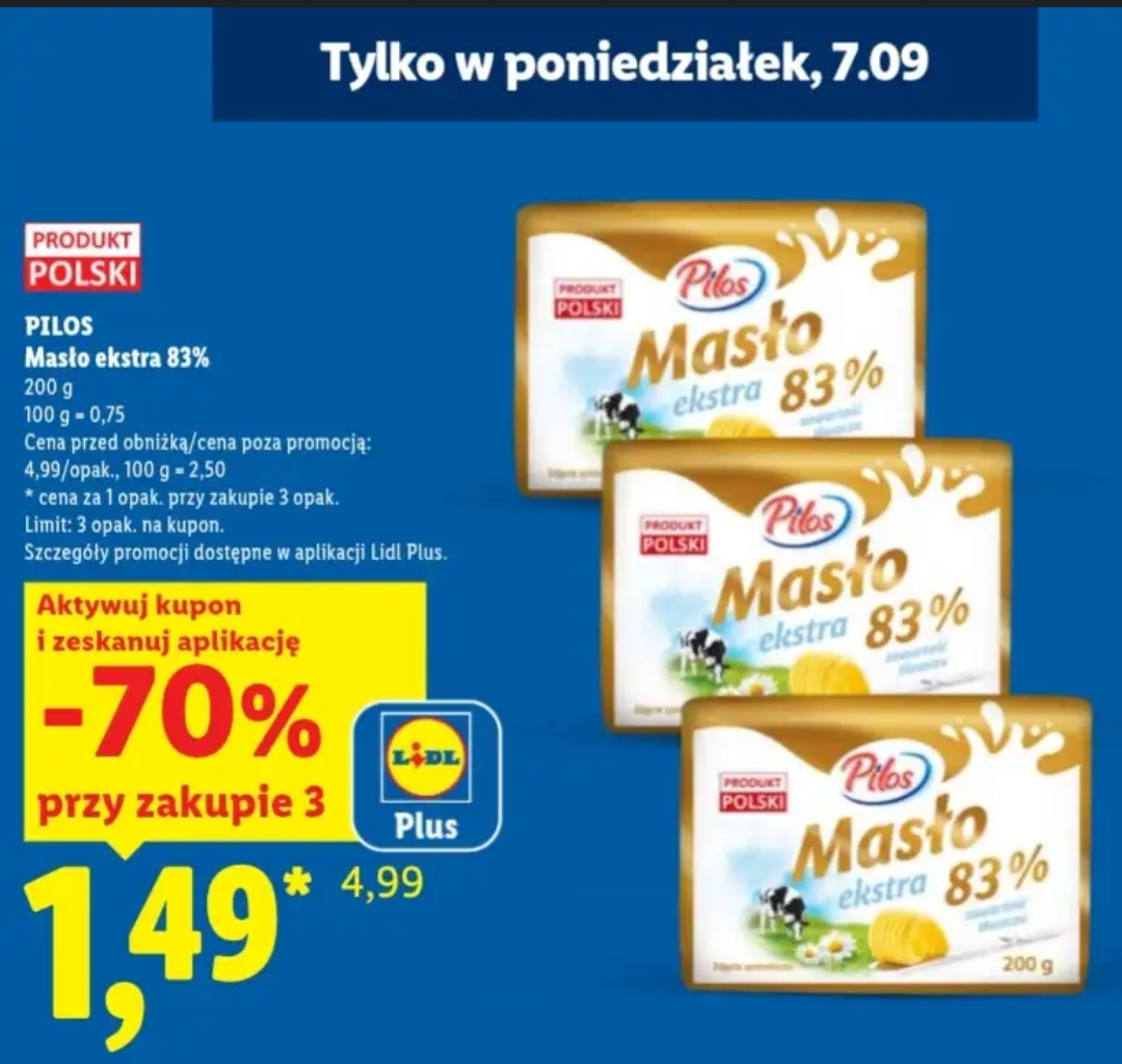 Masło Ekstra Pilos 83% 200 g - cena za szt. przy zakupie 3 sztuk @Lidl