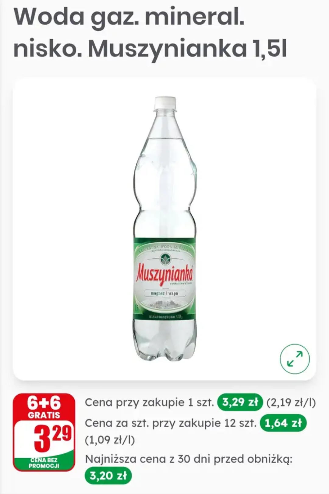 Woda gazowana mineralna niskonasycona Muszynianka 1,5 L 6+6 gratis (cena za szt. przy zakupie 12 sztuk) @Dino