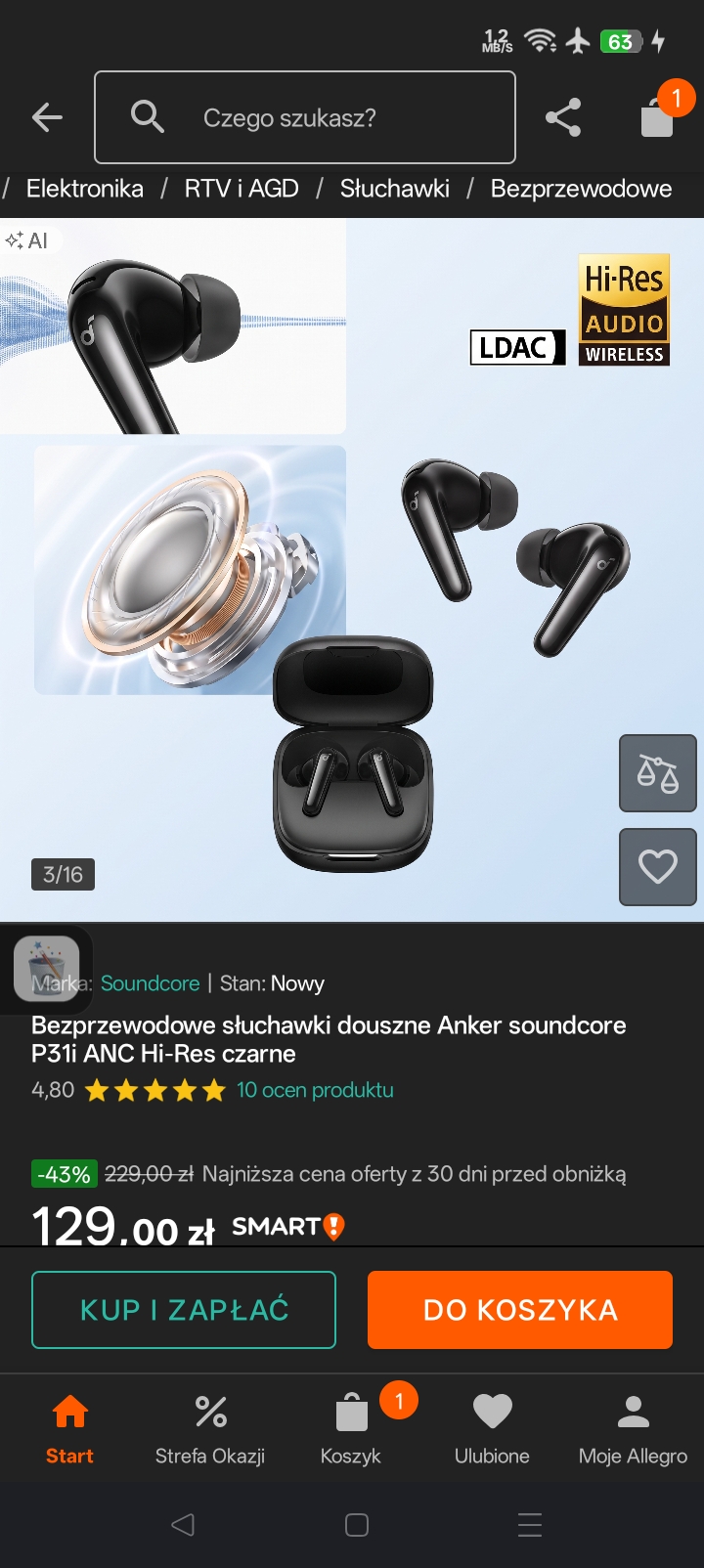 Bezprzewodowe słuchawki douszne Anker soundcore P31i ANC Hi-Res czarne