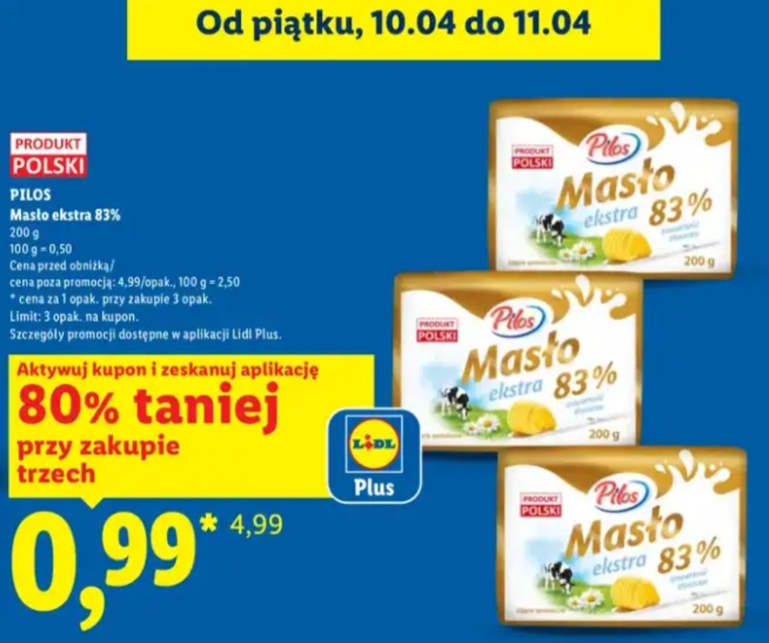 [Lidl] Masło ekstra 83% Pilos, cena sztuki przy zakupie 3