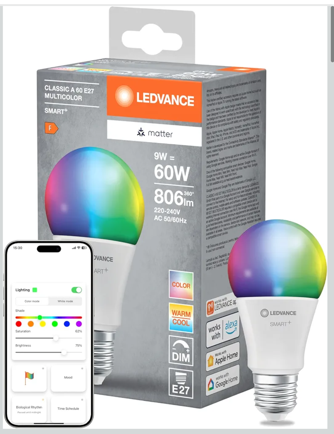 Lampa LED SMART+ MATTER kompatybilna z Google Alexa Apple biała matowa 9 W 806 lm trzonek E27