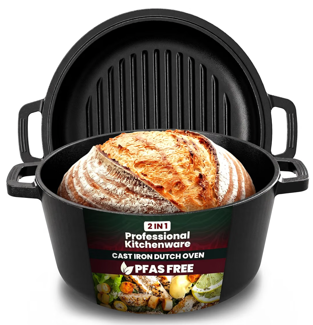 Kichly Wstępnie przygotowany żeliwny garnek holenderski z pokrywką do grillowania 2 w 1 pojemność 4,7l