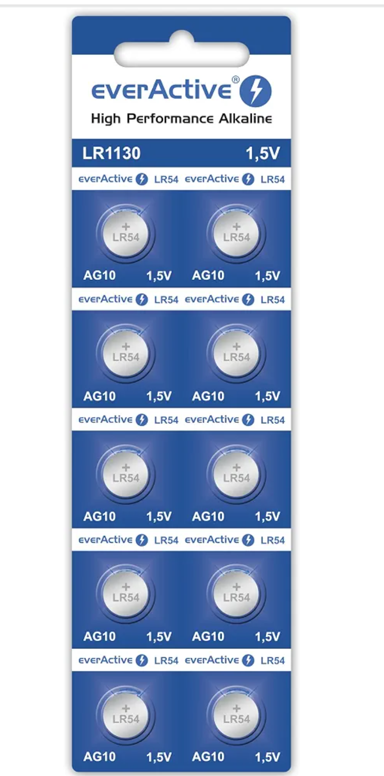 everActive AG10 1,5 V 10 x baterie alkaliczne Mini G10 LR1130 LR54 trwałość 5 lat 10 sztuk – 1 opakowanie blistrowe