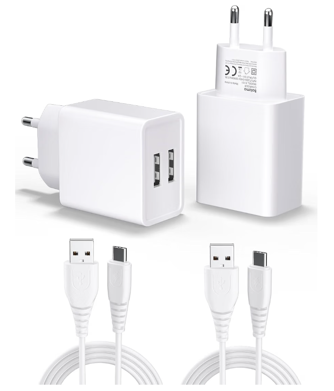 Ładowarka USB 10 W z portem USB-A ładowarka ścienna do iPhone'a Samsung Android iPad tabletu – kompaktowy zestaw do ładowania w podróży i w domu (2 sztuki + 2 kable)