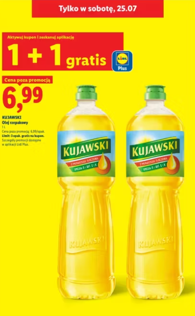 Olej kujawski 1+1 litr gratis. 3,50 zł / litr