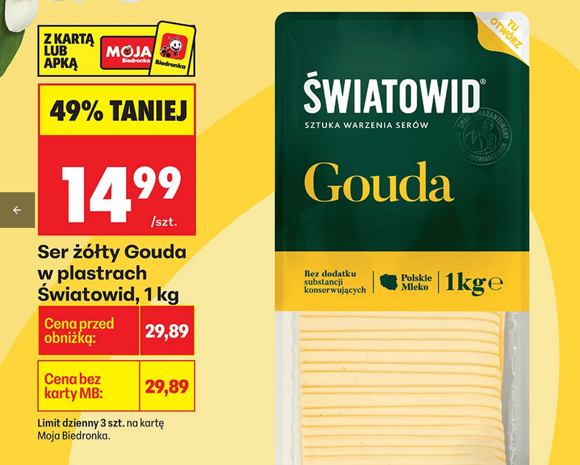 Ser żółty Gouda w plastrach Światowid, 1 KG