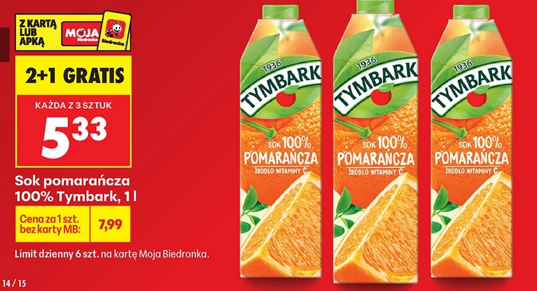 Sok pomarańcza 100% Tymbark, 1 L (2+1 GRATiS)