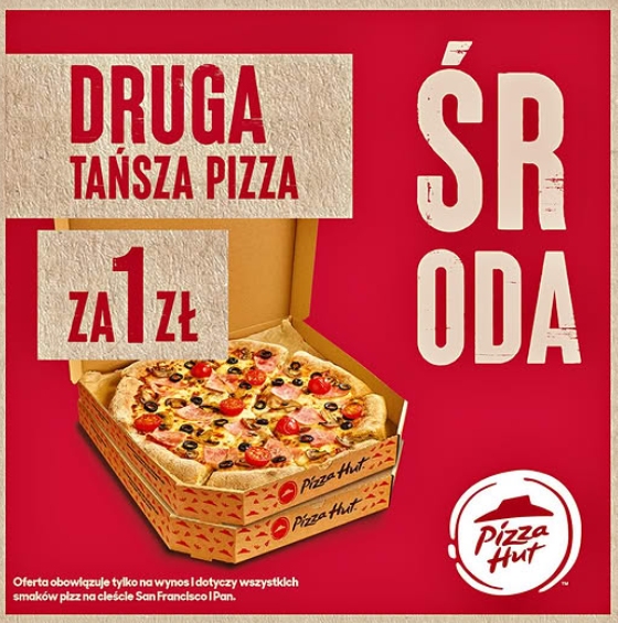Promocja w Pizza Hut Druga pizza za 1 zł  - tylko w środę