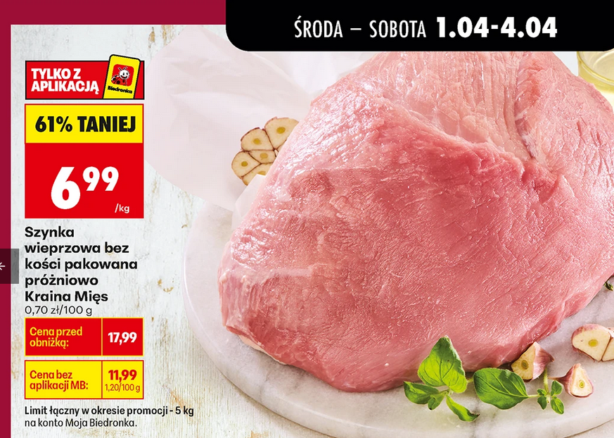 Szynka wieprzowa B/K pakowana próżniowo Kraina Mięs, 1 KG