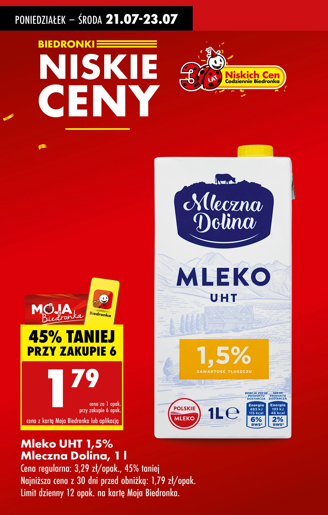 Mleko UHT 1,5% Mleczna Dolina w Biedronce przy zakupie 6 sztuk