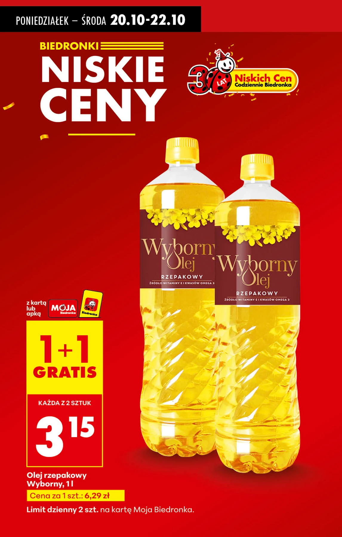 Olej rzepakowy Wyborny 1l w promocji 1+1 gratis w Biedronce