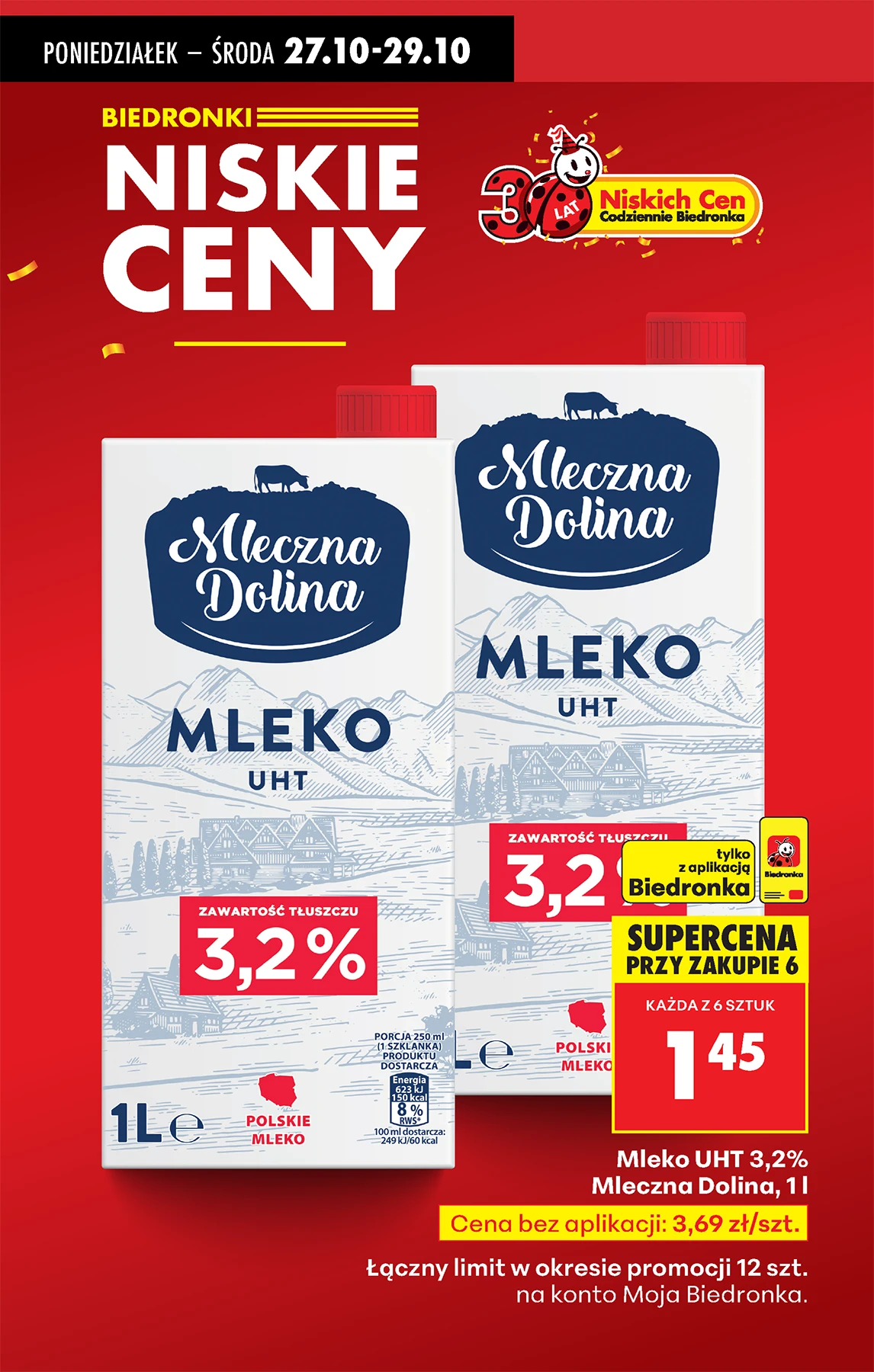 Mleko UHT Mleczna Dolina 3,2% w Biedronce przy zakupie 6 sztuk