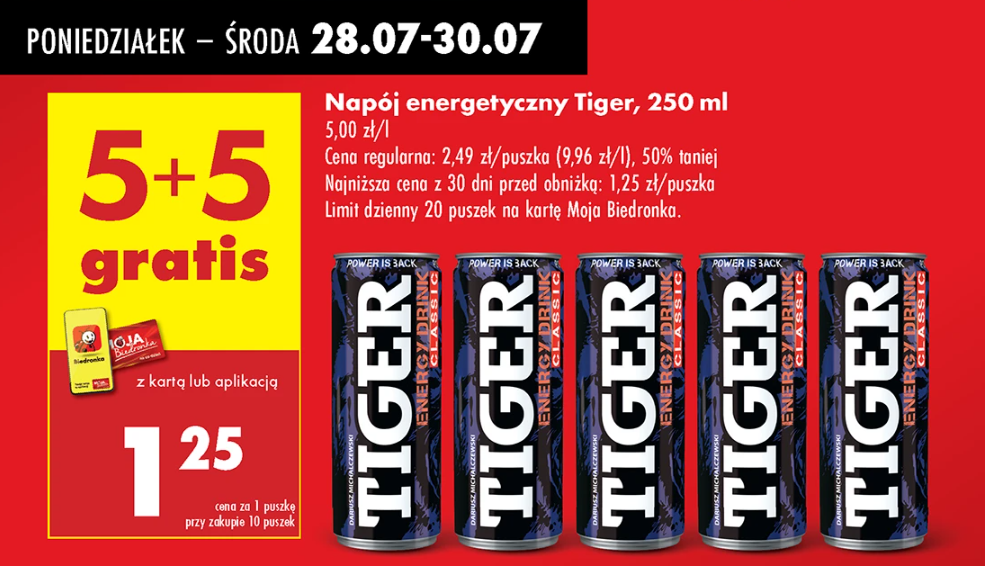 Energetyk Tiger 250 ml 5+5 gratis w Biedronce do środy