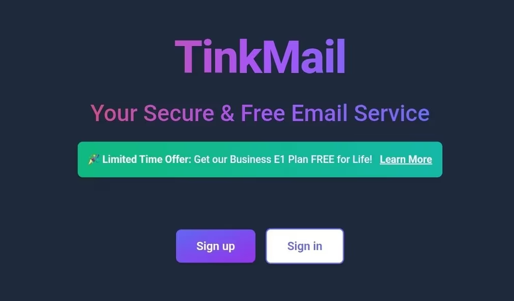 Poczta biznesowa Tinkmail Business E1 za darmo na zawsze (oszczędzasz $120 rocznie)