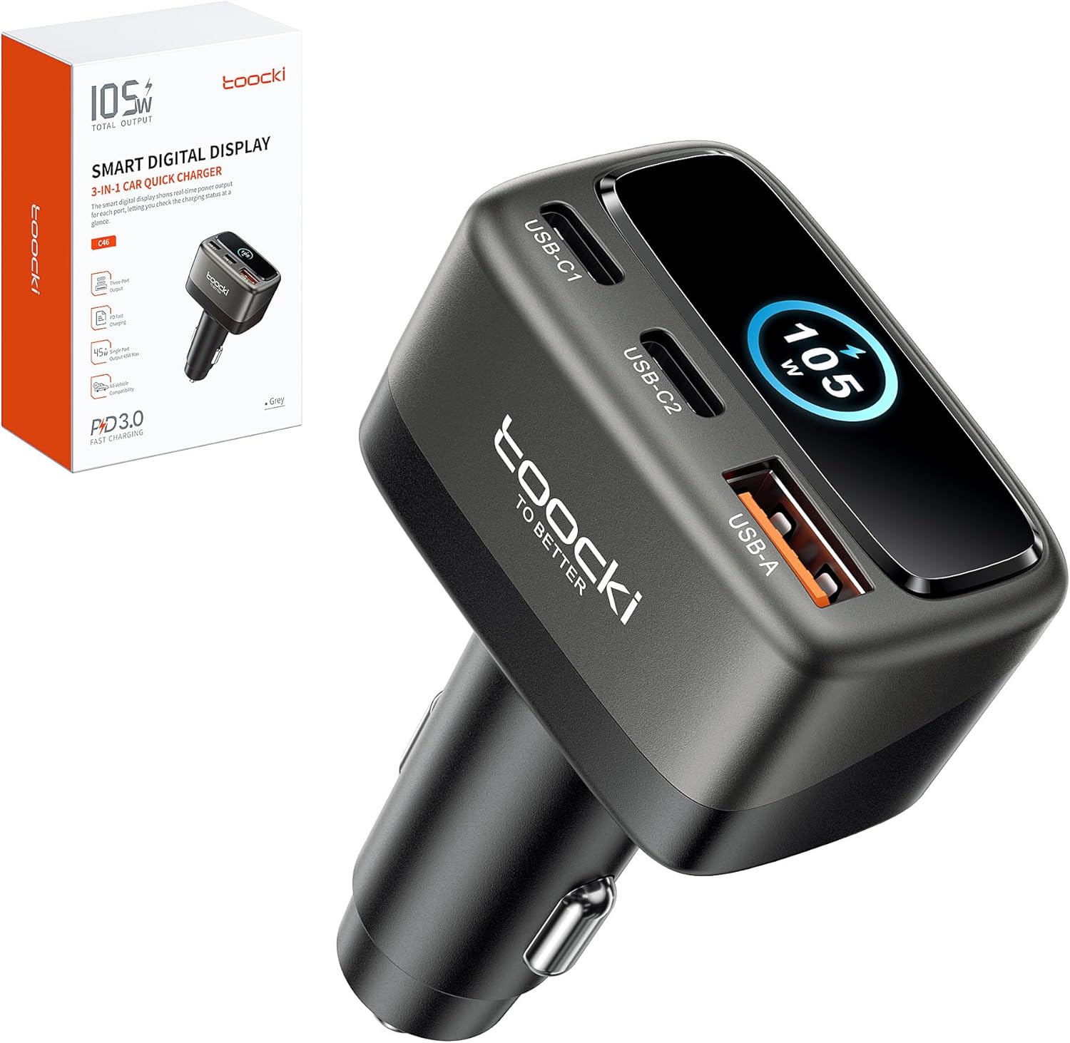 Ładowarka samochodowa Toocki, USB C, 105W z inteligentnym wyświetlaczem