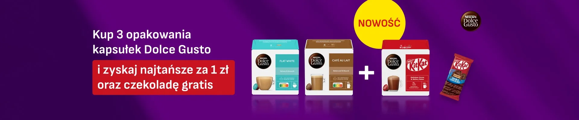 [Media Expert] Promocja w Media Expert: Kup 3 opakowania kapsułek Dolce Gusto, za trzecie zapłać 1 zł i odbierz KitKat gratis!