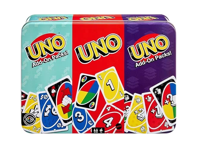 [Amazon] UNO Gra podstawowa i 2 pakiety uzupełniające w metalowym pojemniku