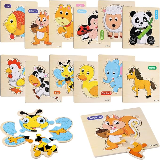 Drewniane puzzle dla dzieci, 12 sztuk drewnianych puzzli ze zwierzętami