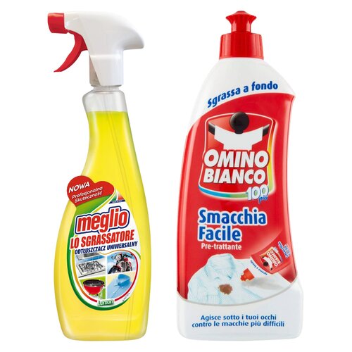 Płyn odtłuszczający MEGLIO Lemon 750 ml + Odplamiacz OMINO BIANCO Smacchia Facile 500 ml