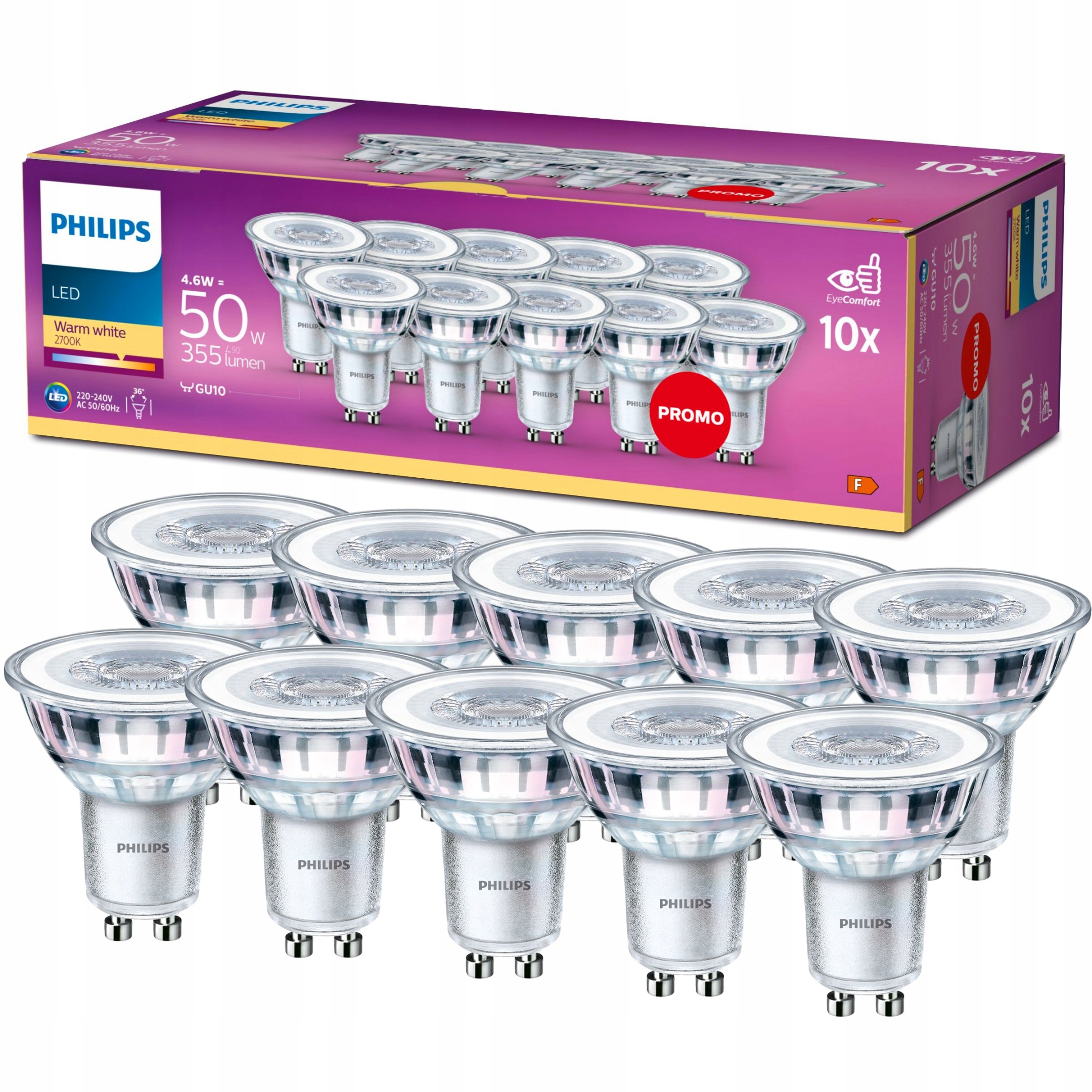Żarówka LED PHILIPS GU10 4.6W = 50W 355lm 2700K CIEPŁA 36° PREMIUM 10 szt.