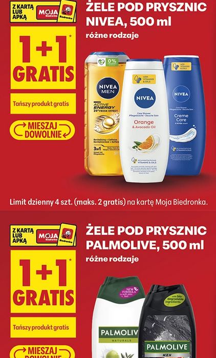 Żele pod prysznic PALMOLIVE i NIVEA, 500 ML (1+1 GRATiS)