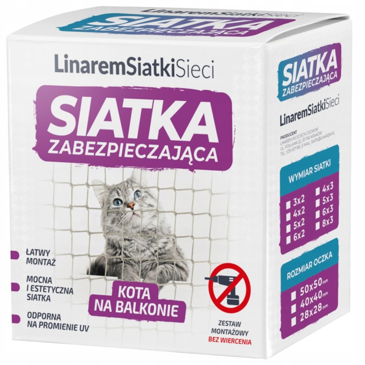 ZESTAW SIATKA LINAREMSIATKISIECI NA BALKON, DLA KOTA, 4x2, BEZ WIERCENIA