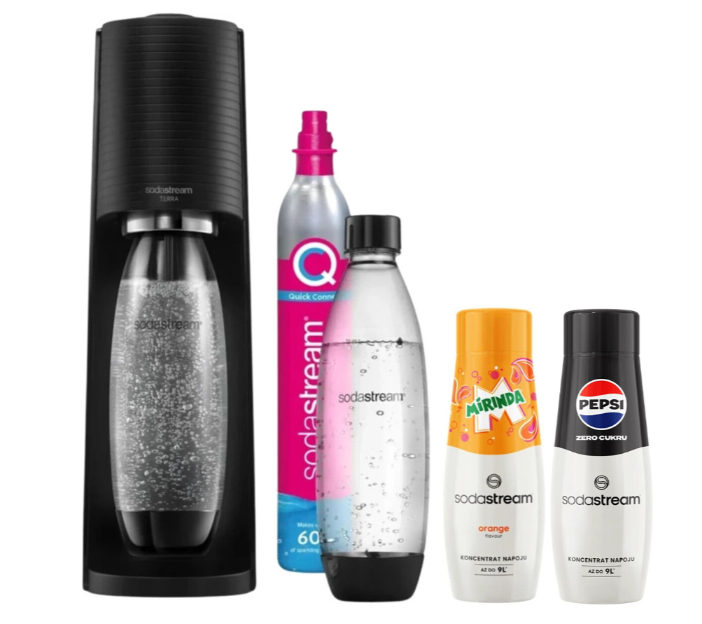 Zestaw SodaStream Terra Black + 2x Butelka Fuse 1L + Syropy Pepsi Max & Mirinda – idealny zestaw na start!