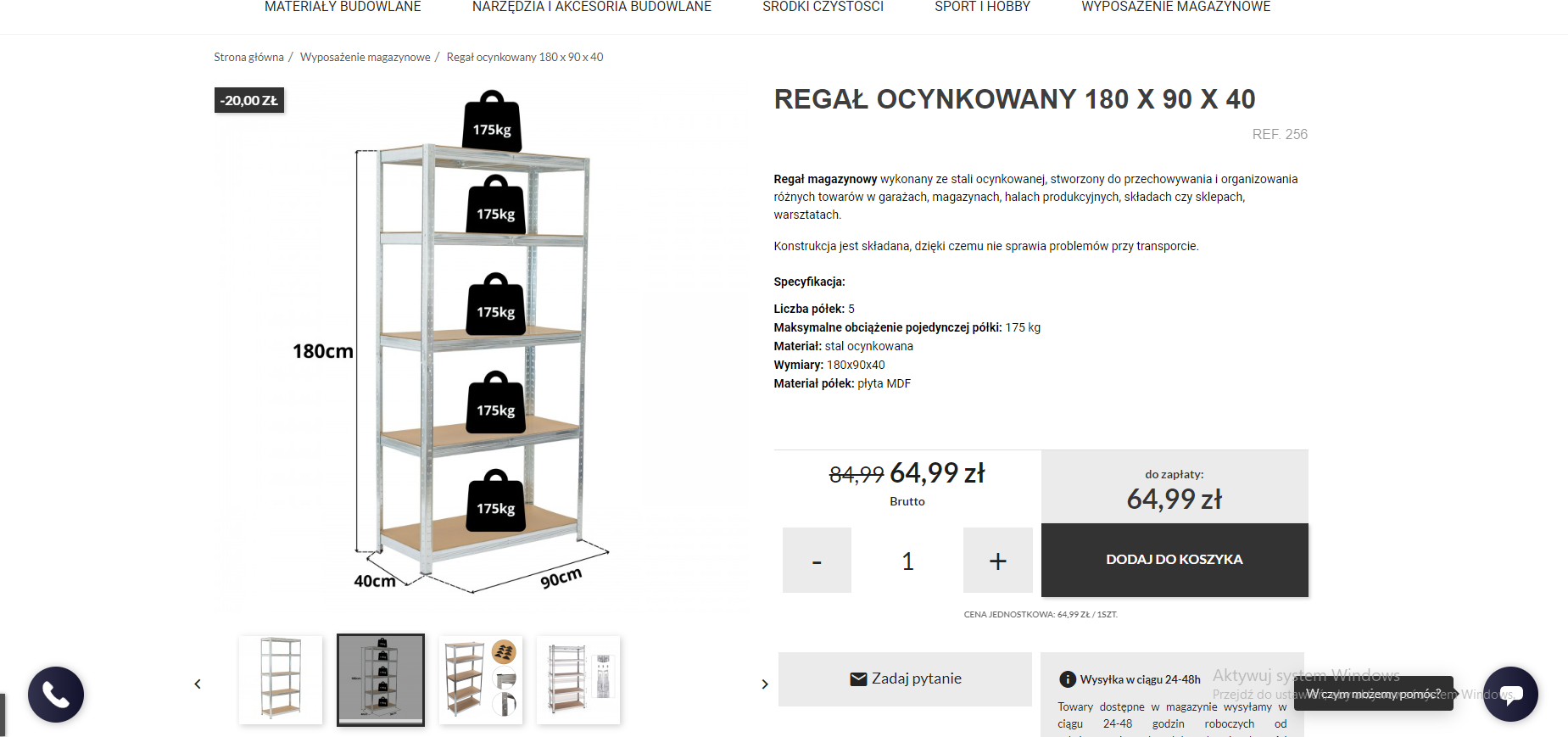 Regał magazynowy 180x90x40