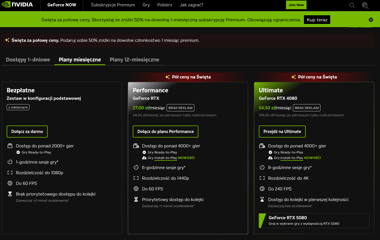 GeForce NOW  50% na dowolną 1-miesięczną subskrypcję Premium