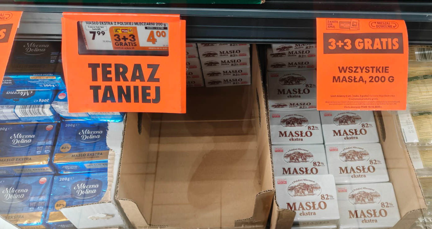 Wszystkie masła 200 g 3+3 gratis tylko w poniedziałek 15.12.2025 w Biedronce