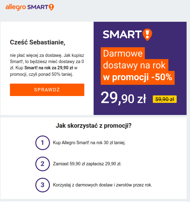 Promocja na Allegro Smart -50% za 29,90 zł z 59,90 zł