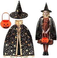 Kostium na Halloween, peleryna czarodziejska z kapeluszem i torebka na słodycze