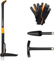 Fiskars Zestaw narzędzi ogrodowych, 4-częściowy, chwastownik Xact, stal nierdzewna/plastik, motyka i kielnia Solid, FiberComp, ogrodowe rękawice robocze, rozmiar: 10, czarny/pomarańczowy, 1077308