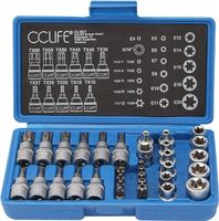 CCLIFE Zestaw kluczy nasadowych torx E-profil, E4–E20, wkładki do bitów T10–T60, torx zewnętrzny i wewnętrzny, 34 szt.